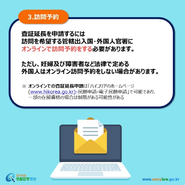 3.訪問予約 査証延長を申請するには 訪問を希望する管轄出入国・外国人官署に  オンラインで訪問予約をする必要があります。  ただし、妊婦及び障害者など法律で定める 外国人はオンライン訪問予約をしない場合があります。 ※ オンラインでの査証延長申請は「ハイコリアのホームページ 　　(www.hikorea.go.kr)-民願申請-電子民願申請」で可能であり、 　　一部の在留資格の場合は制限がある可能性がある